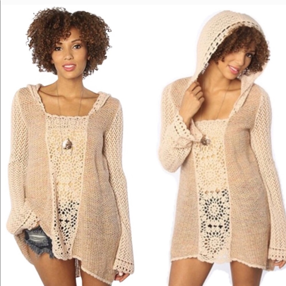 Free People Blush Hooded Open Knit Sweater